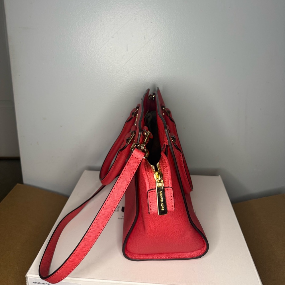 Michael Kors Coral-Red Saffiano Leather Satchel - Picture 2 of 5